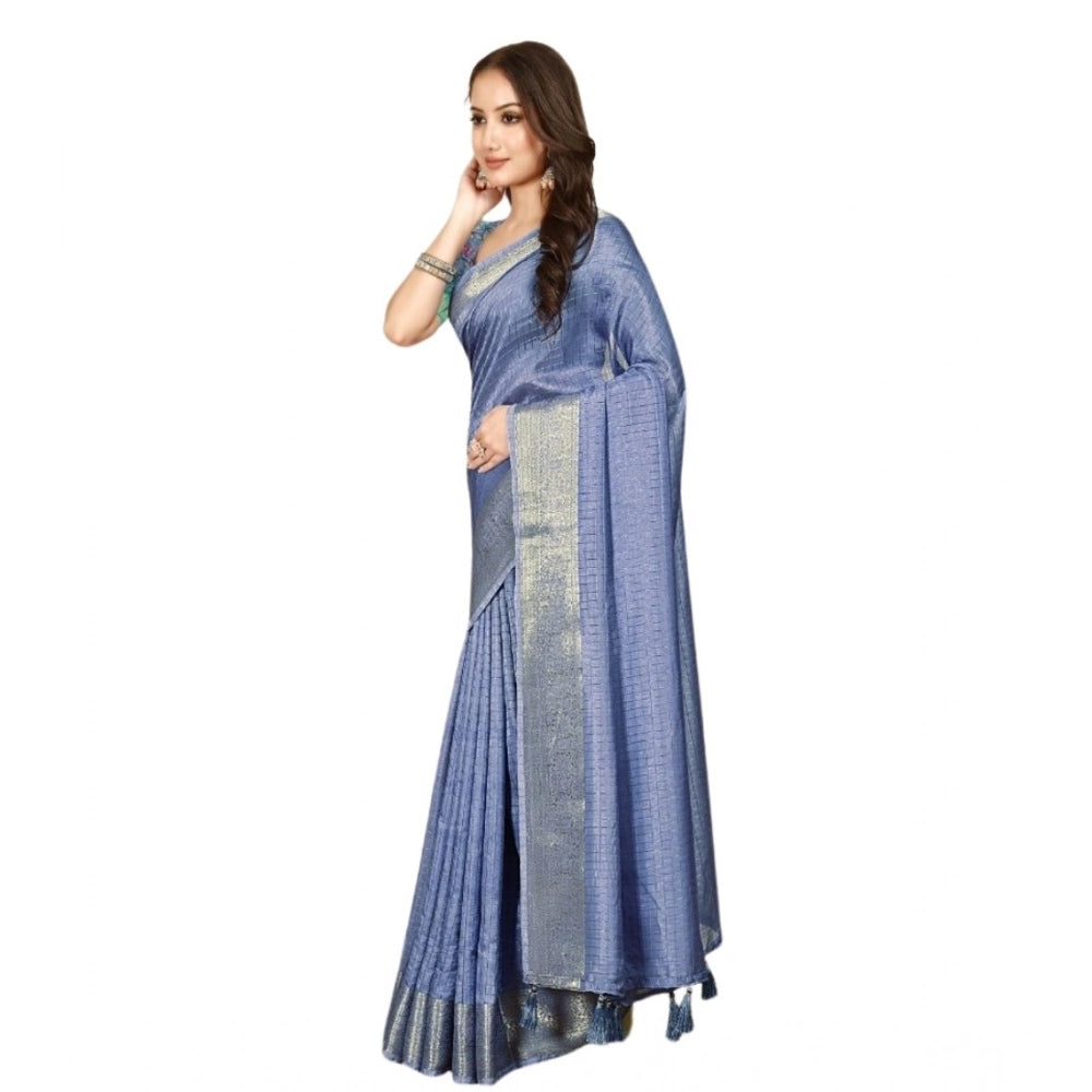 Women's Cotton Blend Checkered Saree With Unstitched Blouse 5.5Mtr (Blue)