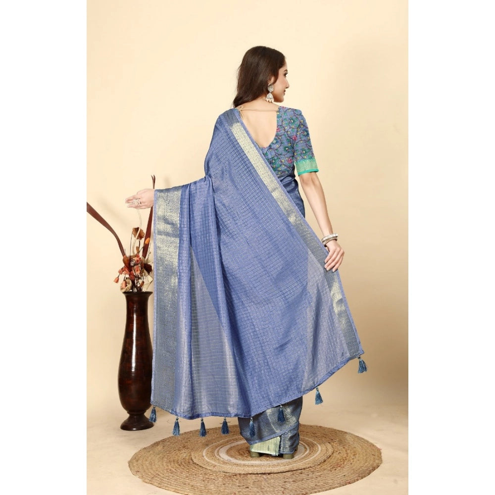 Women's Cotton Blend Checkered Saree With Unstitched Blouse 5.5Mtr (Blue)
