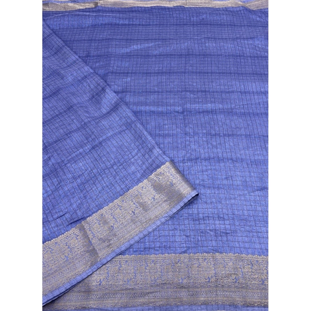 Women's Cotton Blend Checkered Saree With Unstitched Blouse 5.5Mtr (Blue)