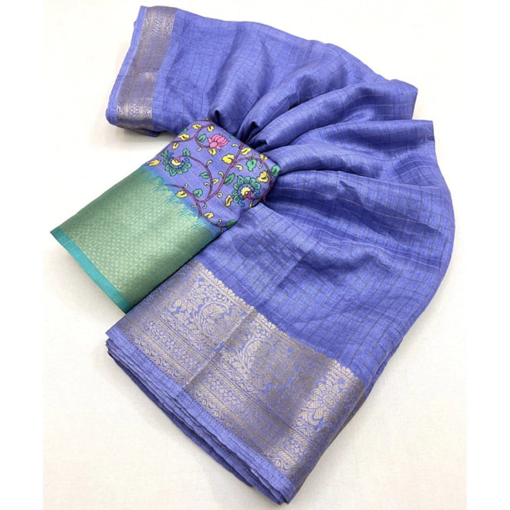 Women's Cotton Blend Checkered Saree With Unstitched Blouse 5.5Mtr (Blue)