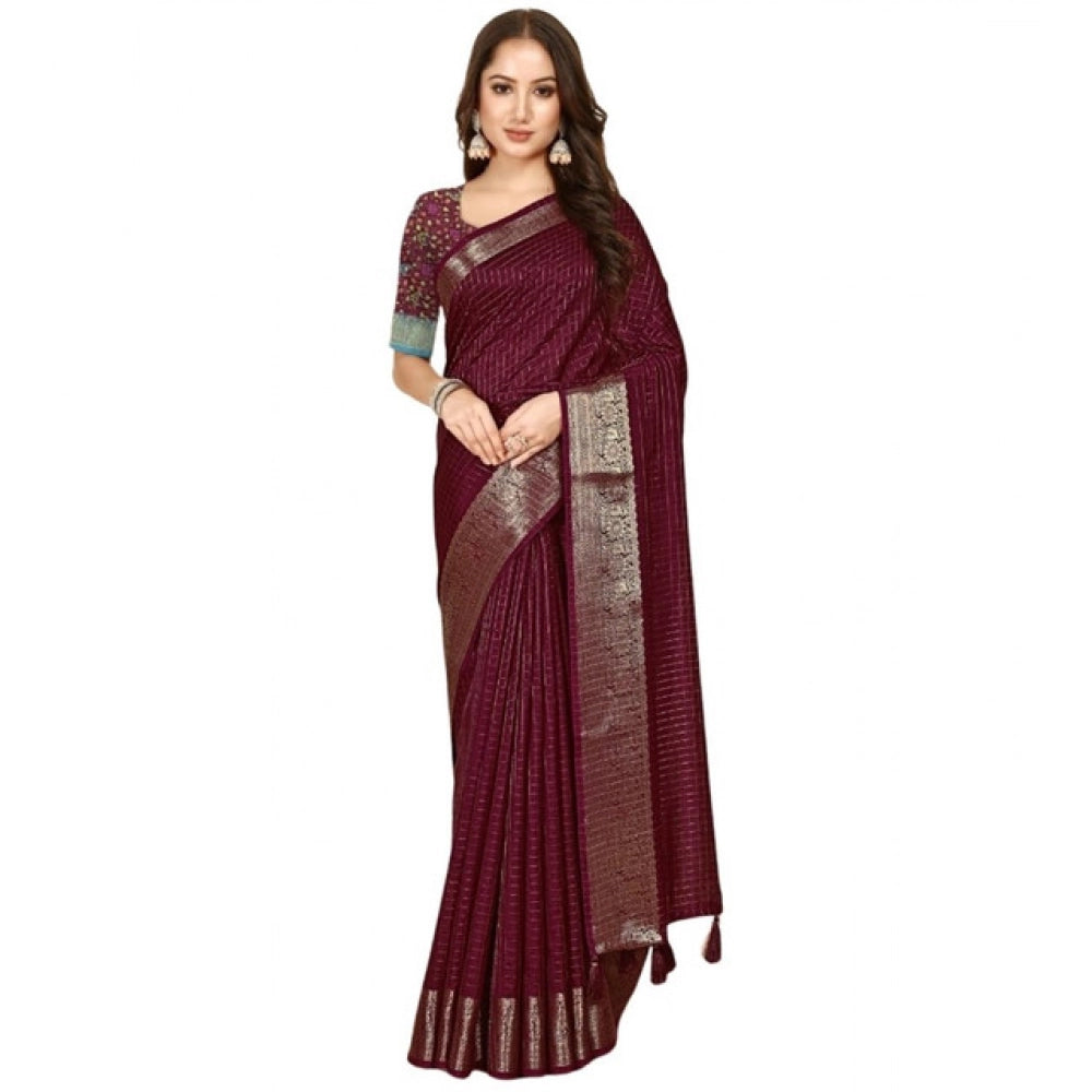 Women's Cotton Blend Checkered Saree With Unstitched Blouse 5.5Mtr (Maroon)