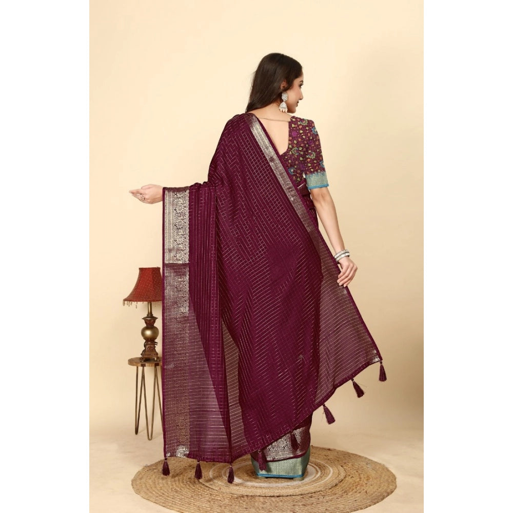 Women's Cotton Blend Checkered Saree With Unstitched Blouse 5.5Mtr (Maroon)