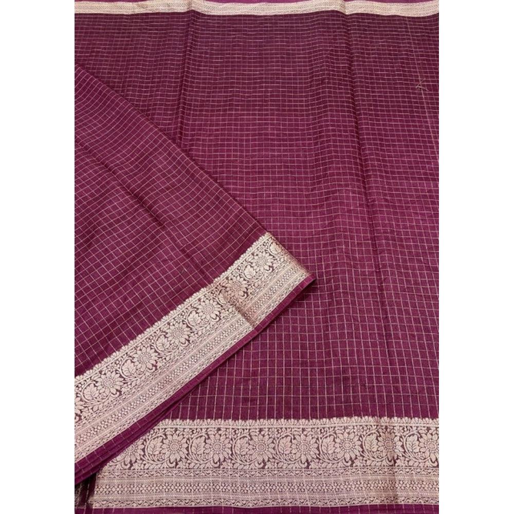 Women's Cotton Blend Checkered Saree With Unstitched Blouse 5.5Mtr (Maroon)
