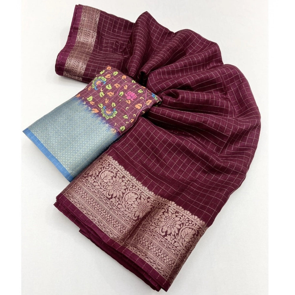 Women's Cotton Blend Checkered Saree With Unstitched Blouse 5.5Mtr (Maroon)