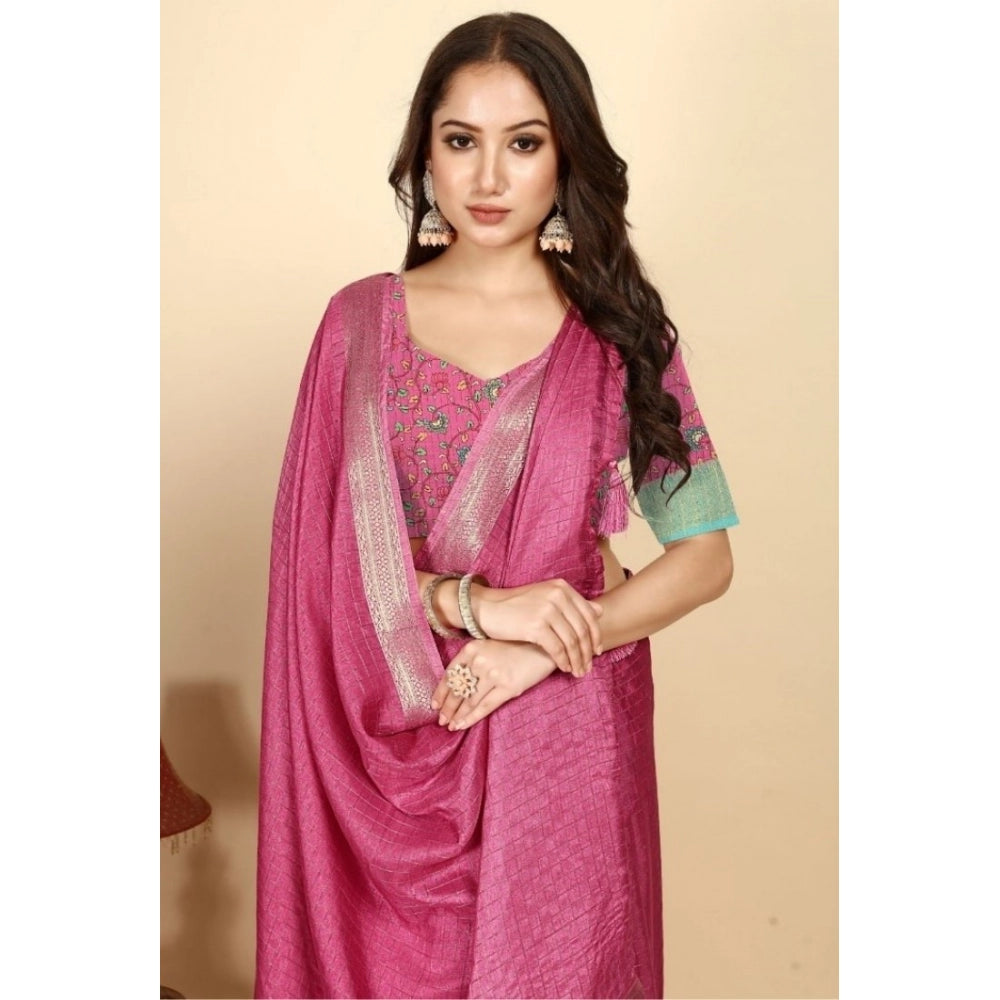 Women's Cotton Blend Checkered Saree With Unstitched Blouse 5.5Mtr (Pink)