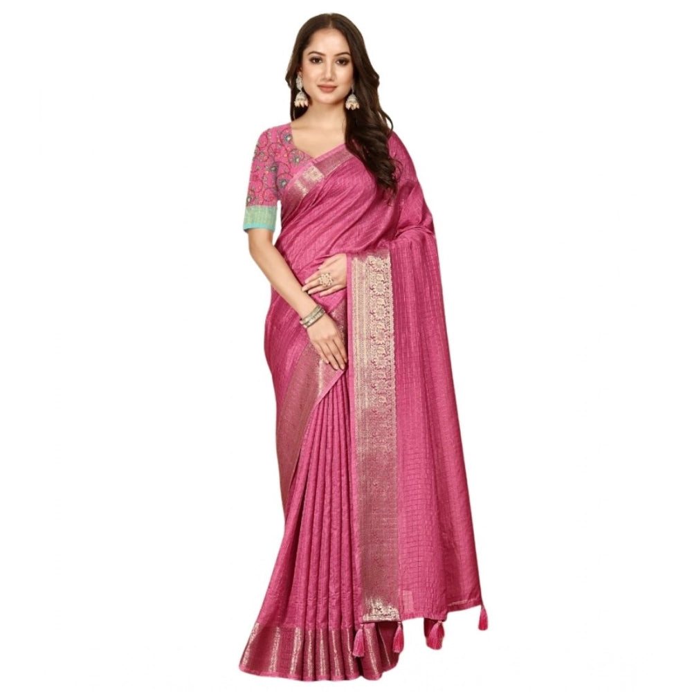 Women's Cotton Blend Checkered Saree With Unstitched Blouse 5.5Mtr (Pink)