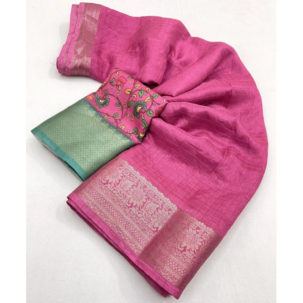 Women's Cotton Blend Checkered Saree With Unstitched Blouse 5.5Mtr (Pink)