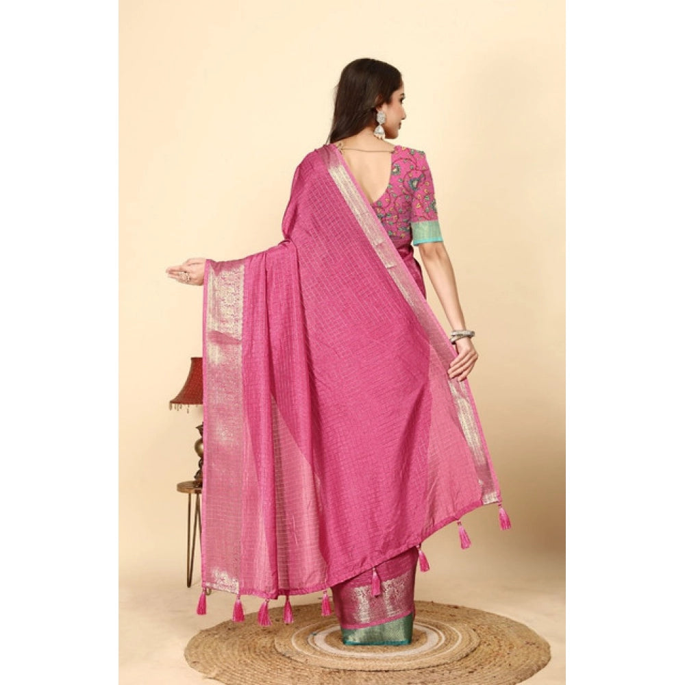 Women's Cotton Blend Checkered Saree With Unstitched Blouse 5.5Mtr (Pink)