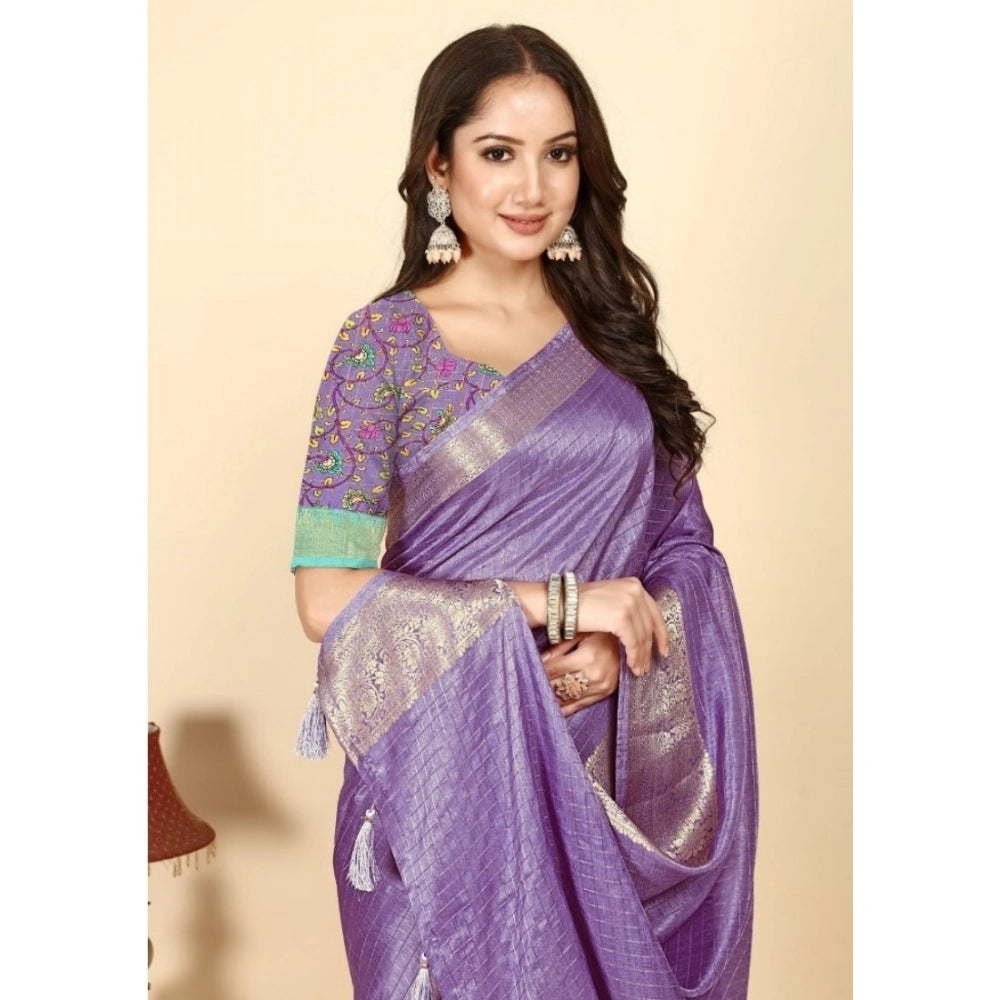 Women's Cotton Blend Checkered Saree With Unstitched Blouse 5.5Mtr (Purple)