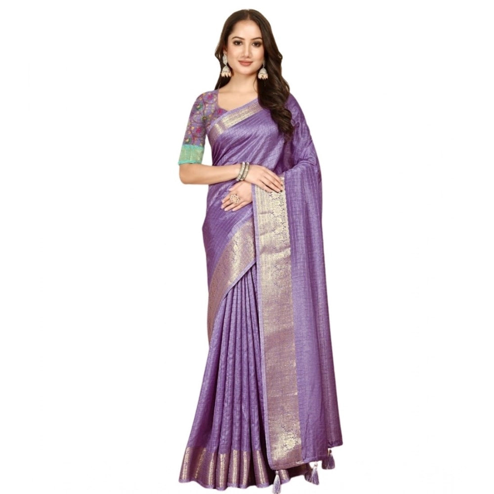 Women's Cotton Blend Checkered Saree With Unstitched Blouse 5.5Mtr (Purple)