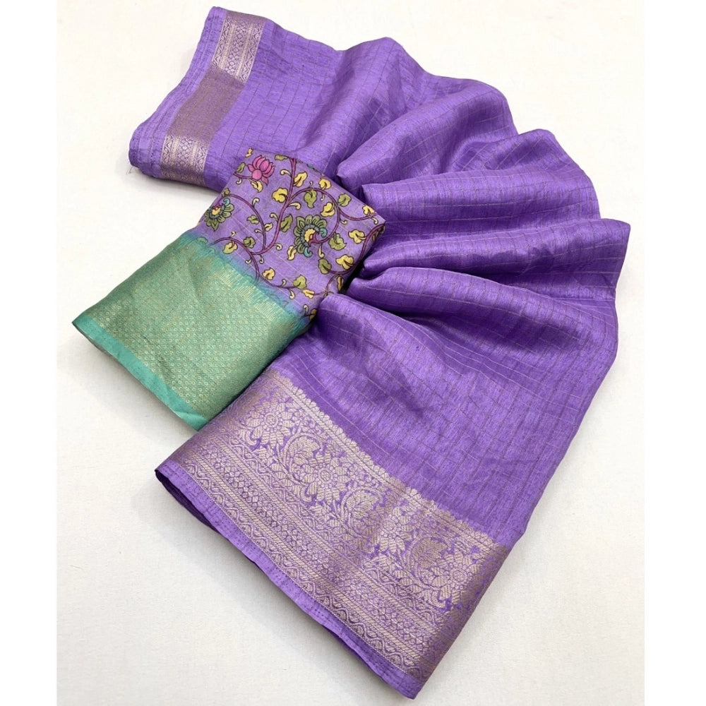 Women's Cotton Blend Checkered Saree With Unstitched Blouse 5.5Mtr (Purple)
