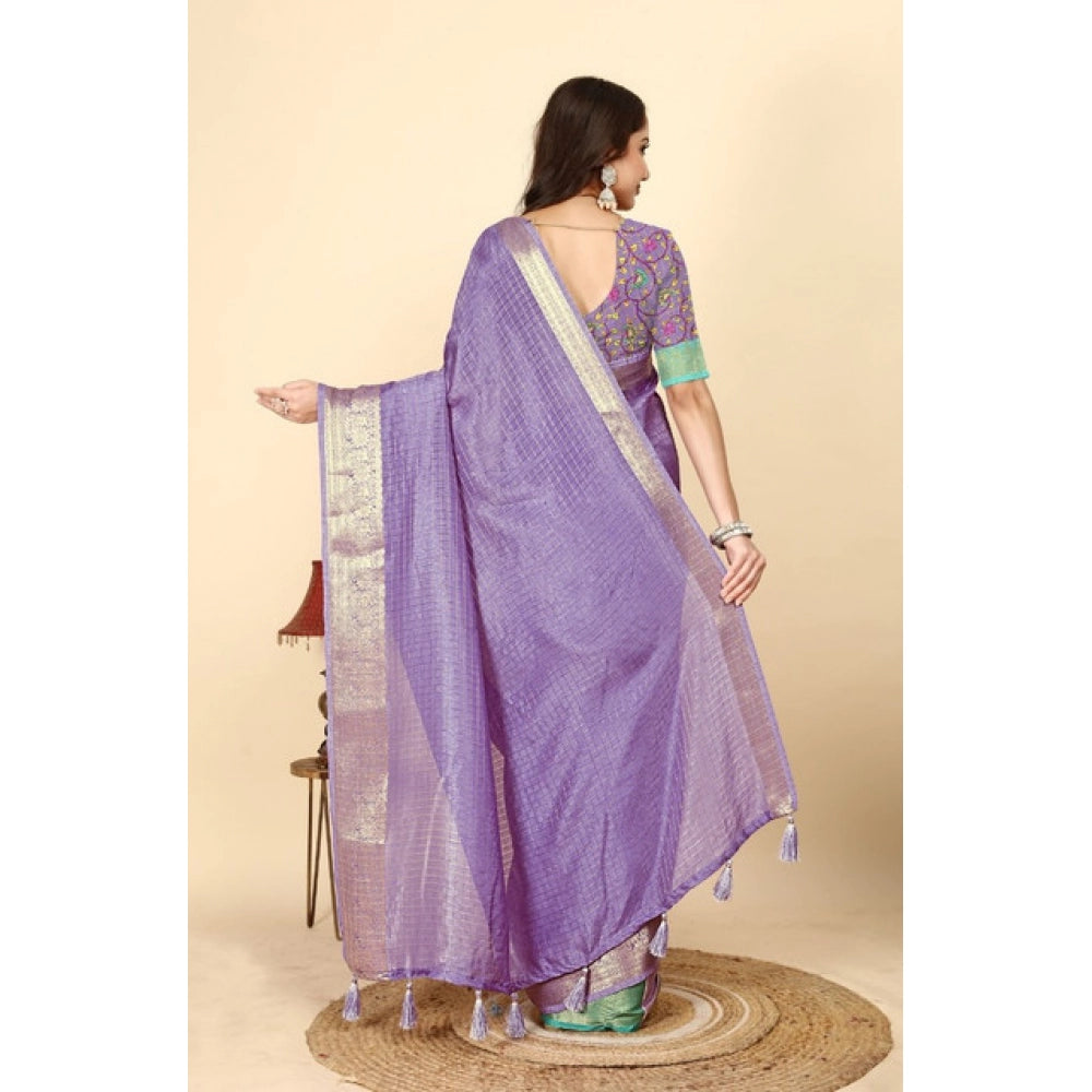 Women's Cotton Blend Checkered Saree With Unstitched Blouse 5.5Mtr (Purple)