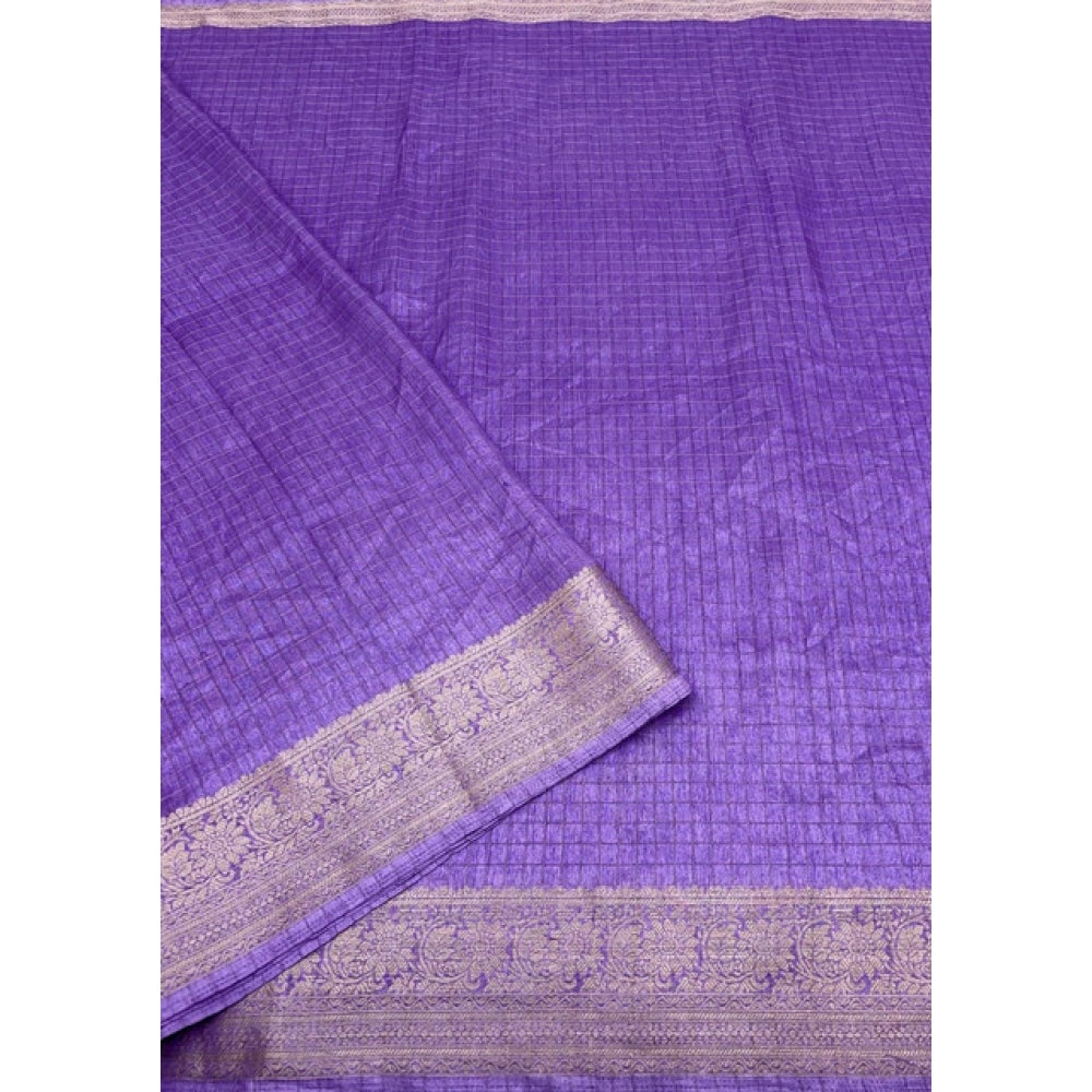 Women's Cotton Blend Checkered Saree With Unstitched Blouse 5.5Mtr (Purple)