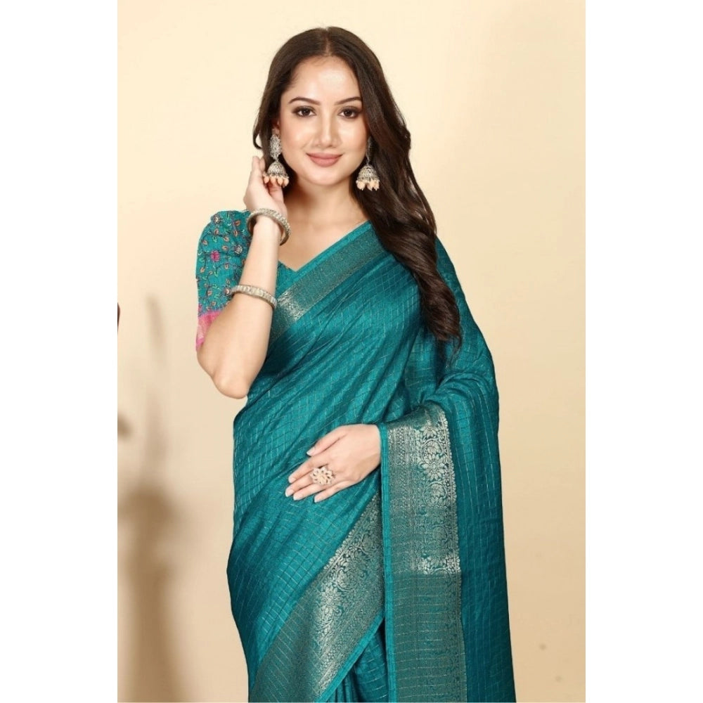 Women's Cotton Blend Checkered Saree With Unstitched Blouse 5.5Mtr (Rama)