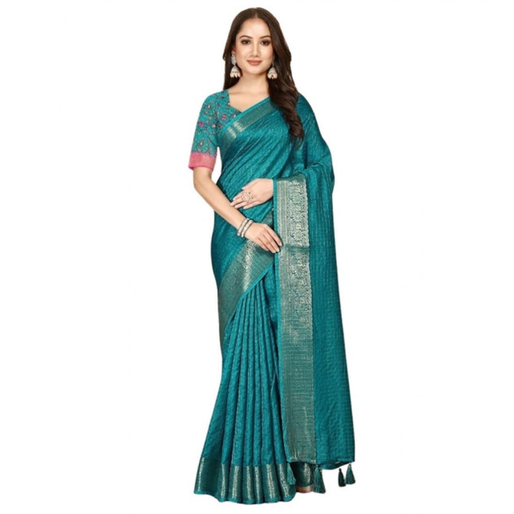 Women's Cotton Blend Checkered Saree With Unstitched Blouse 5.5Mtr (Rama)