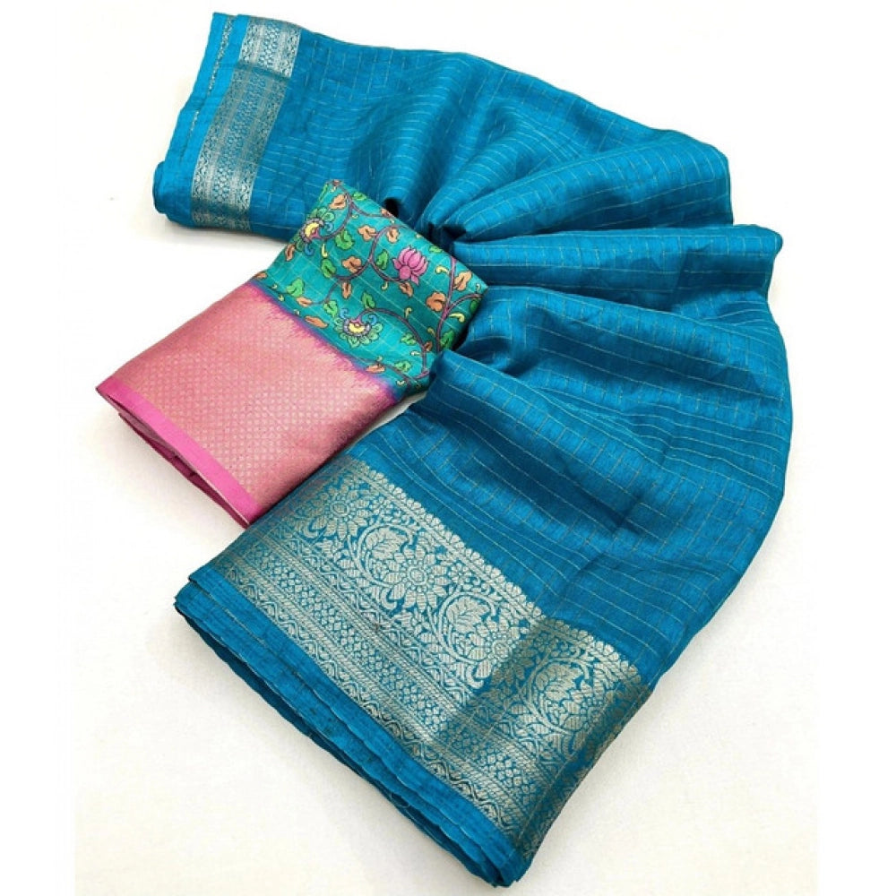 Women's Cotton Blend Checkered Saree With Unstitched Blouse 5.5Mtr (Rama)