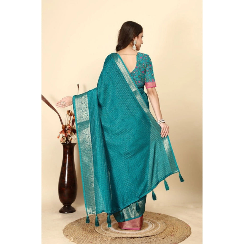 Women's Cotton Blend Checkered Saree With Unstitched Blouse 5.5Mtr (Rama)