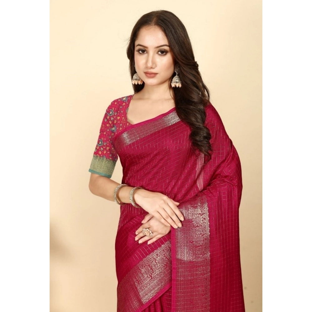 Women's Cotton Blend Checkered Saree With Unstitched Blouse 5.5Mtr (Red)