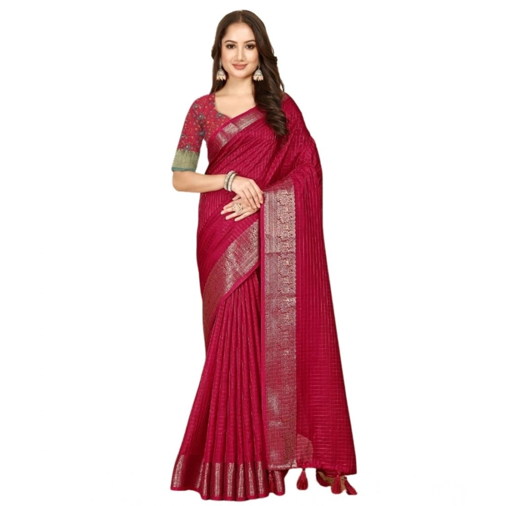 Women's Cotton Blend Checkered Saree With Unstitched Blouse 5.5Mtr (Red)
