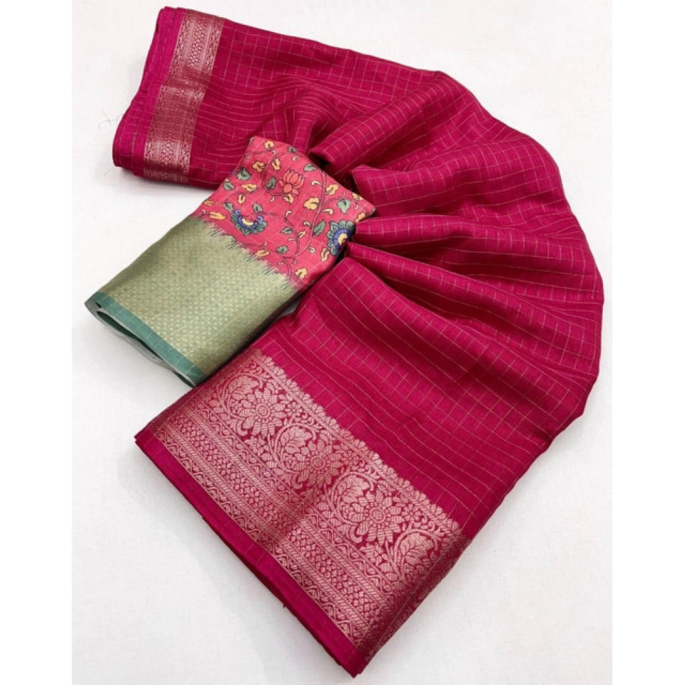 Women's Cotton Blend Checkered Saree With Unstitched Blouse 5.5Mtr (Red)