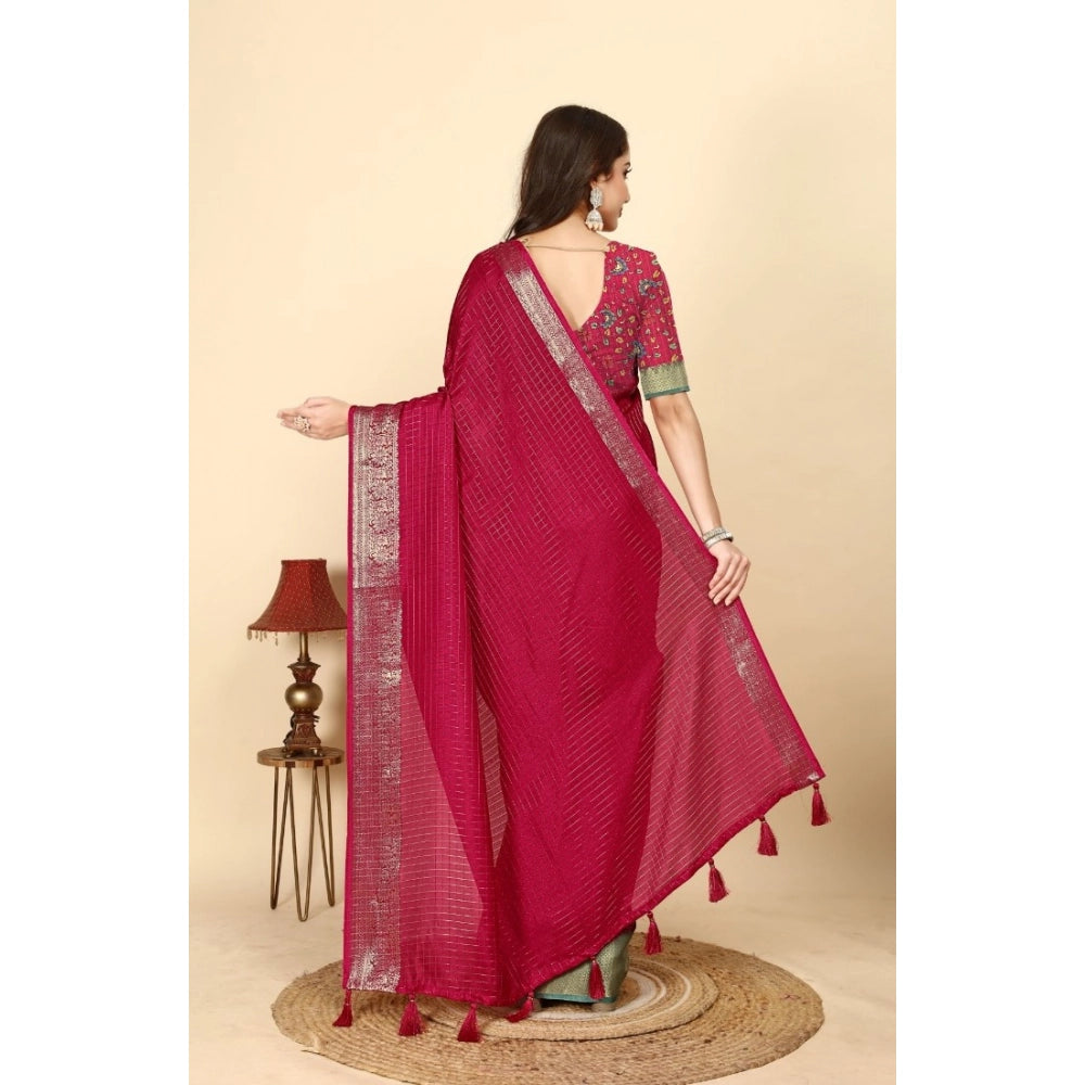 Women's Cotton Blend Checkered Saree With Unstitched Blouse 5.5Mtr (Red)