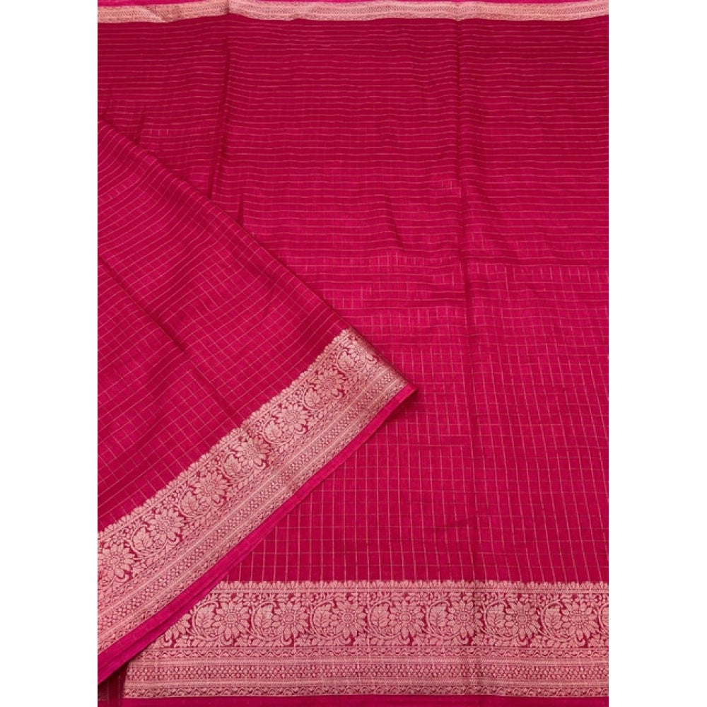 Women's Cotton Blend Checkered Saree With Unstitched Blouse 5.5Mtr (Red)