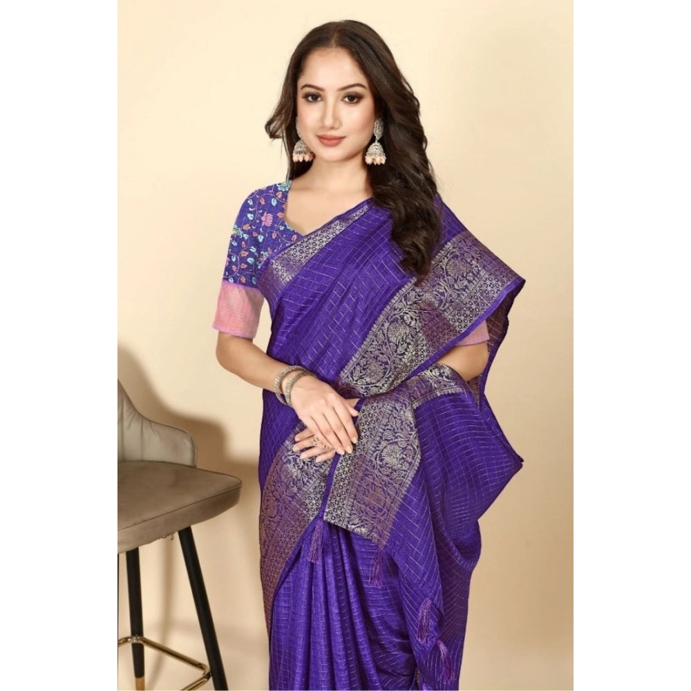 Women's Cotton Blend Checkered Saree With Unstitched Blouse 5.5Mtr (Royal Blue)