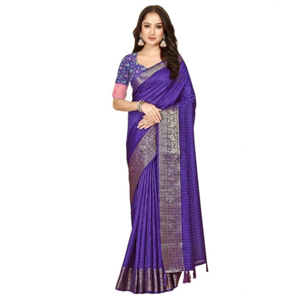 Women's Cotton Blend Checkered Saree With Unstitched Blouse 5.5Mtr (Royal Blue)