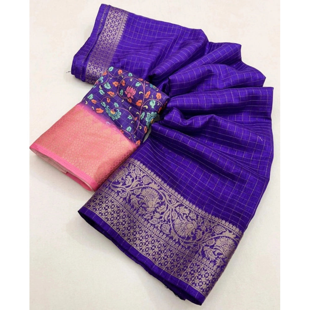 Women's Cotton Blend Checkered Saree With Unstitched Blouse 5.5Mtr (Royal Blue)