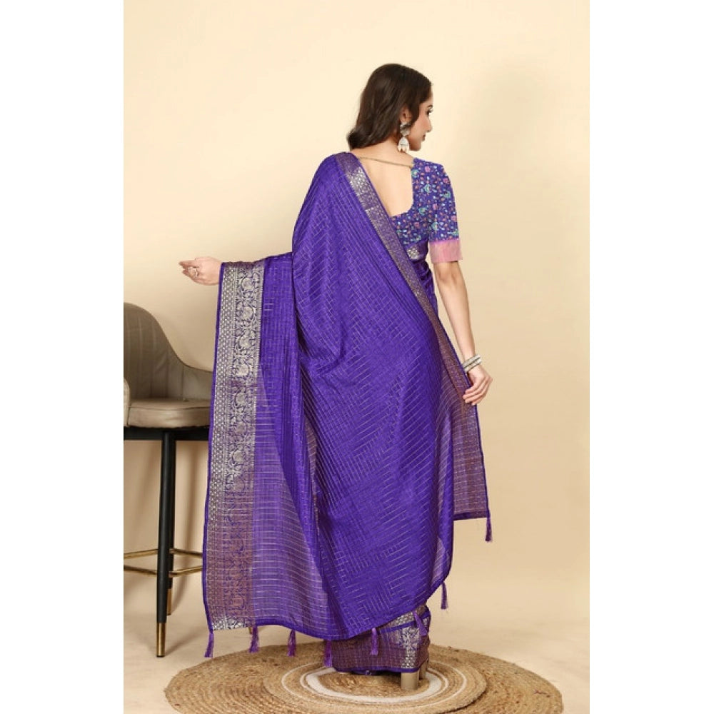 Women's Cotton Blend Checkered Saree With Unstitched Blouse 5.5Mtr (Royal Blue)