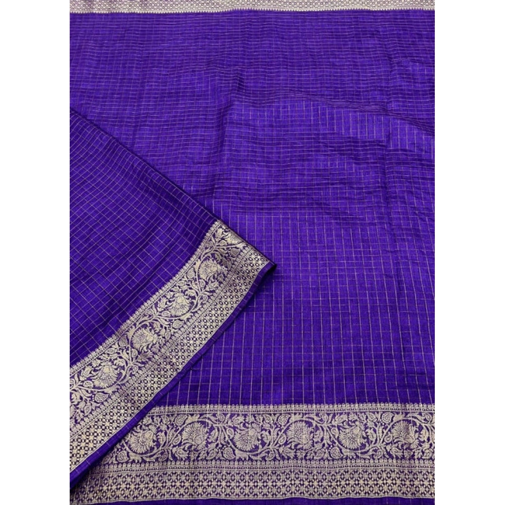 Women's Cotton Blend Checkered Saree With Unstitched Blouse 5.5Mtr (Royal Blue)