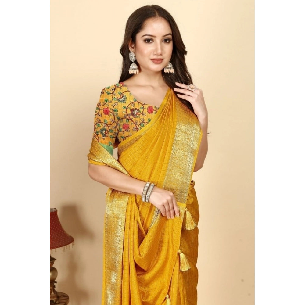 Women's Cotton Blend Checkered Saree With Unstitched Blouse 5.5Mtr (Yellow)