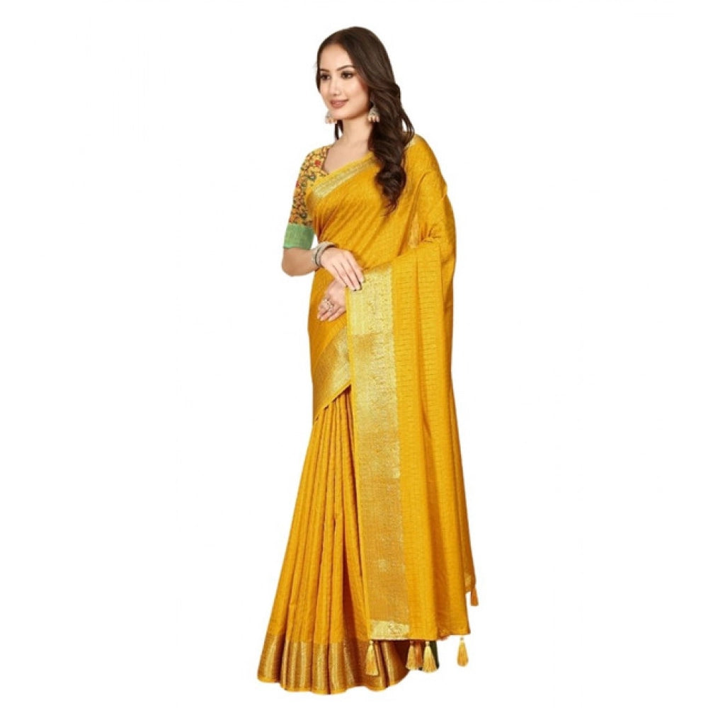 Women's Cotton Blend Checkered Saree With Unstitched Blouse 5.5Mtr (Yellow)