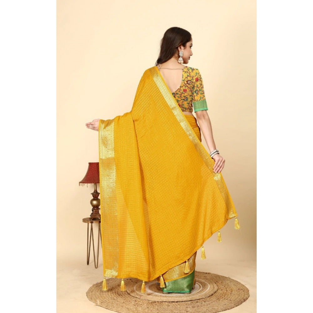 Women's Cotton Blend Checkered Saree With Unstitched Blouse 5.5Mtr (Yellow)