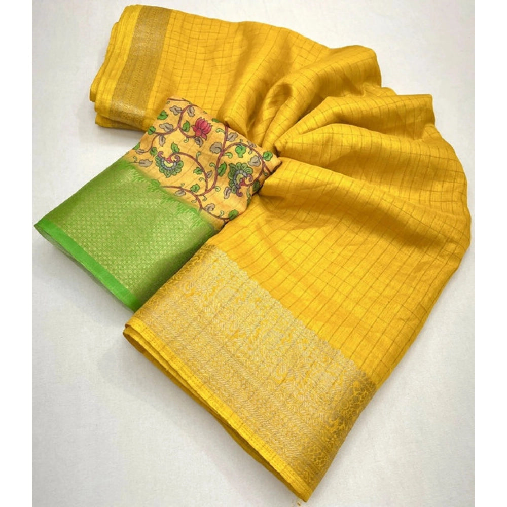 Women's Cotton Blend Checkered Saree With Unstitched Blouse 5.5Mtr (Yellow)