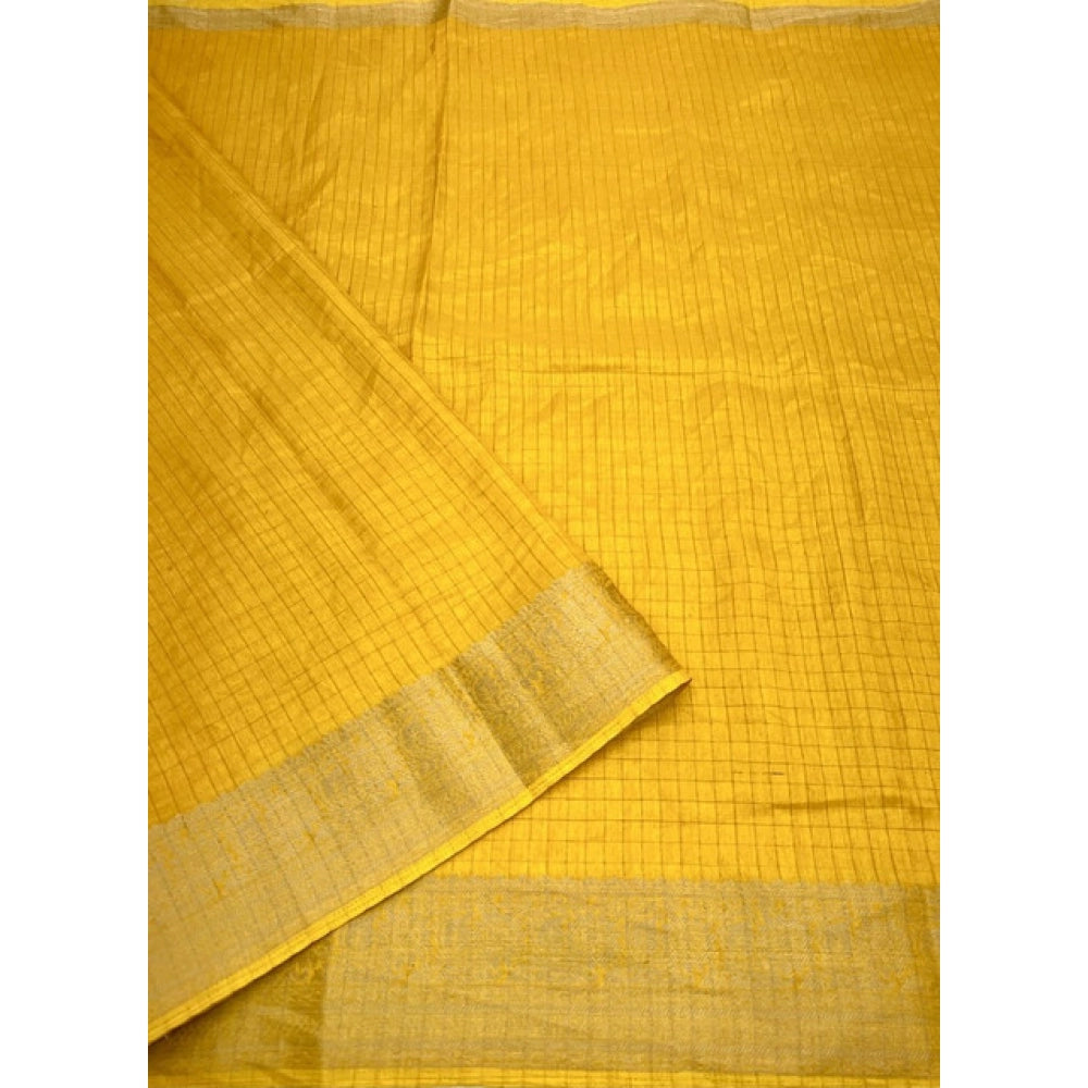 Women's Cotton Blend Checkered Saree With Unstitched Blouse 5.5Mtr (Yellow)