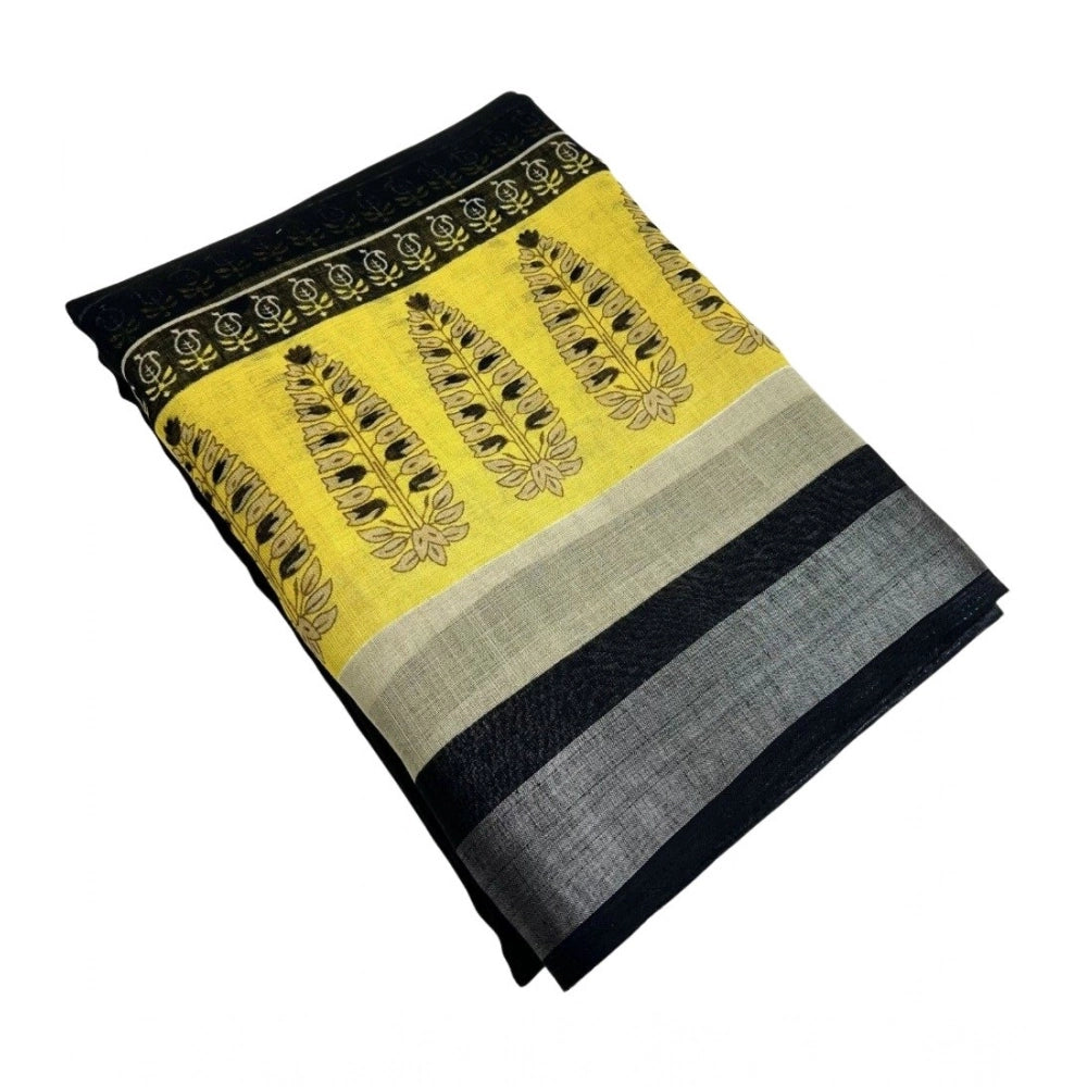 Women's Cotton Linen Printed Saree With Unstitched Blouse 5.5Mtr (Black)