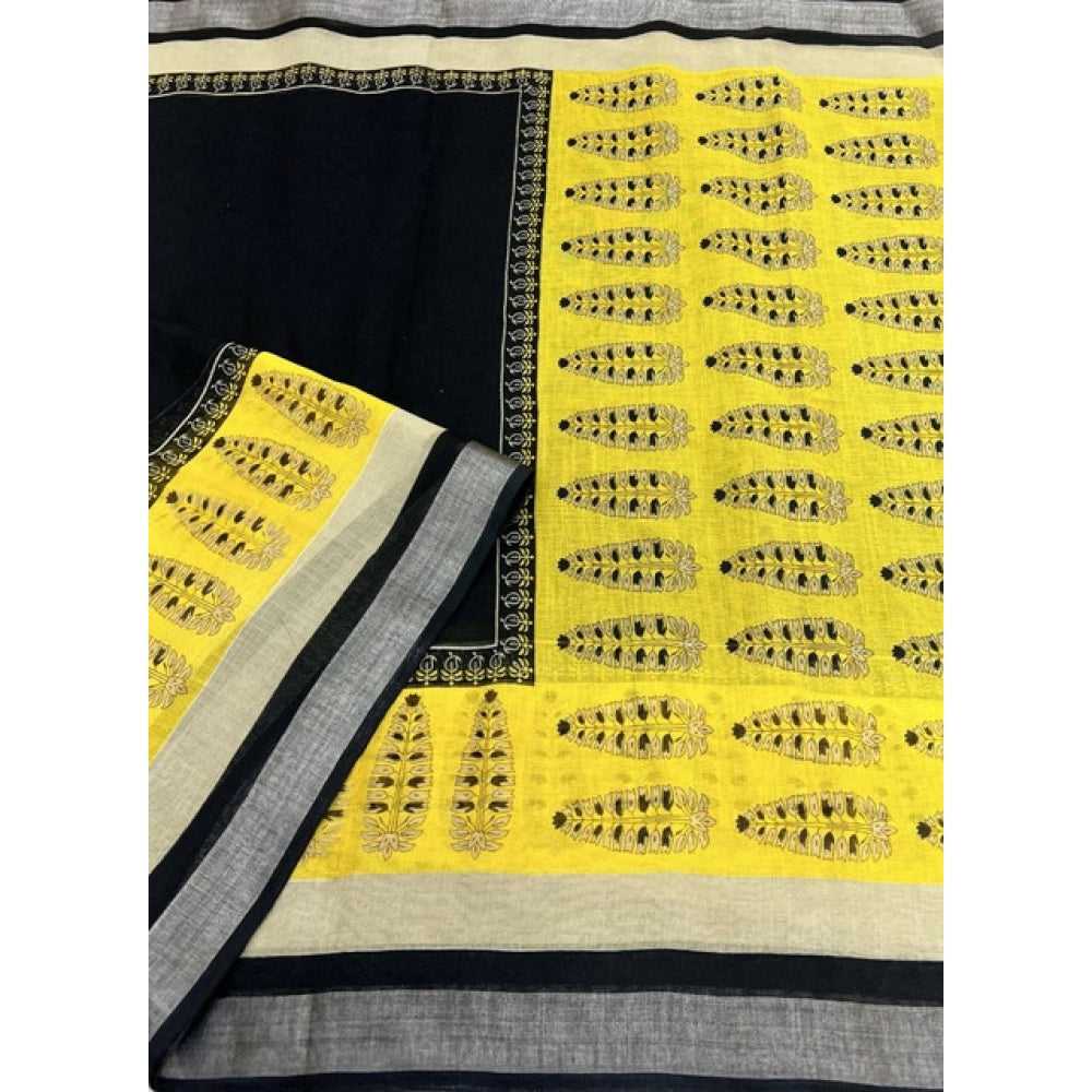 Women's Cotton Linen Printed Saree With Unstitched Blouse 5.5Mtr (Black)