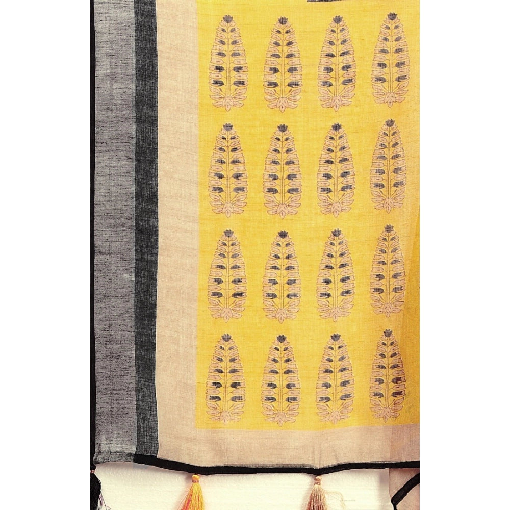 Women's Cotton Linen Printed Saree With Unstitched Blouse 5.5Mtr (Black)