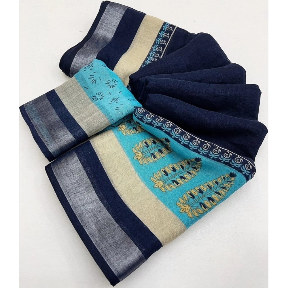 Women's Cotton Linen Printed Saree With Unstitched Blouse 5.5Mtr (Blue)