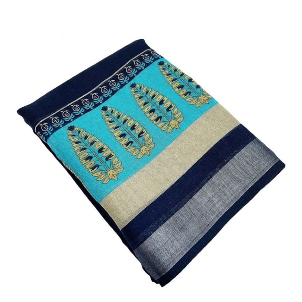 Women's Cotton Linen Printed Saree With Unstitched Blouse 5.5Mtr (Blue)