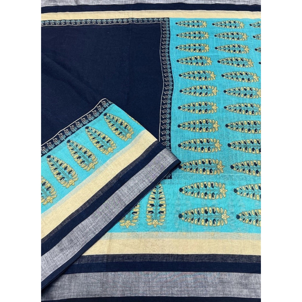 Women's Cotton Linen Printed Saree With Unstitched Blouse 5.5Mtr (Blue)