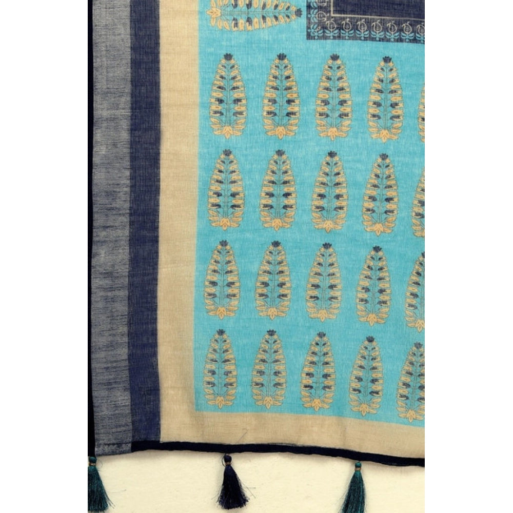 Women's Cotton Linen Printed Saree With Unstitched Blouse 5.5Mtr (Blue)