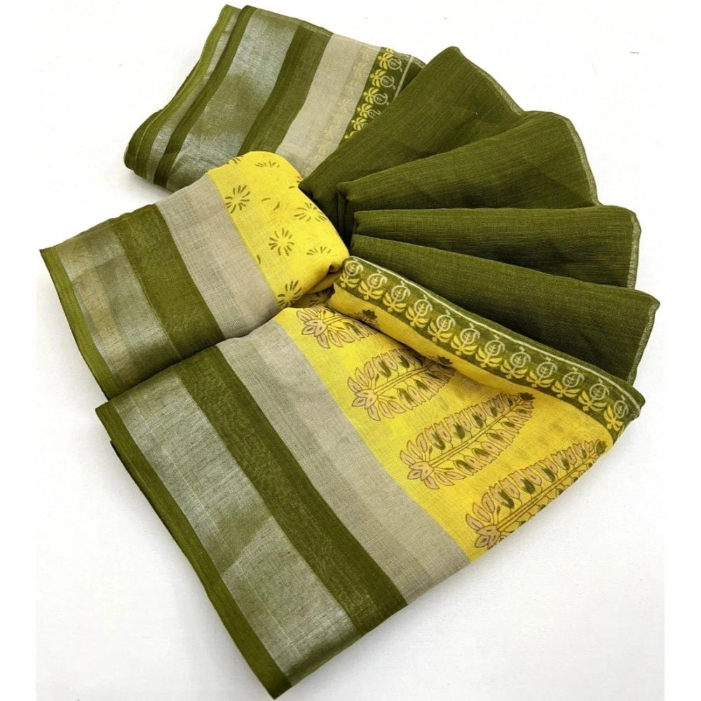 Women's Cotton Linen Printed Saree With Unstitched Blouse 5.5Mtr (Green)