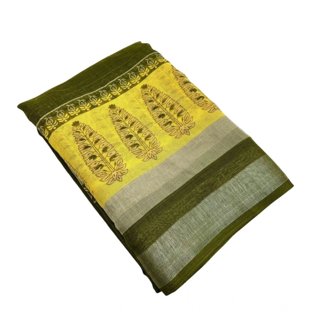 Women's Cotton Linen Printed Saree With Unstitched Blouse 5.5Mtr (Green)