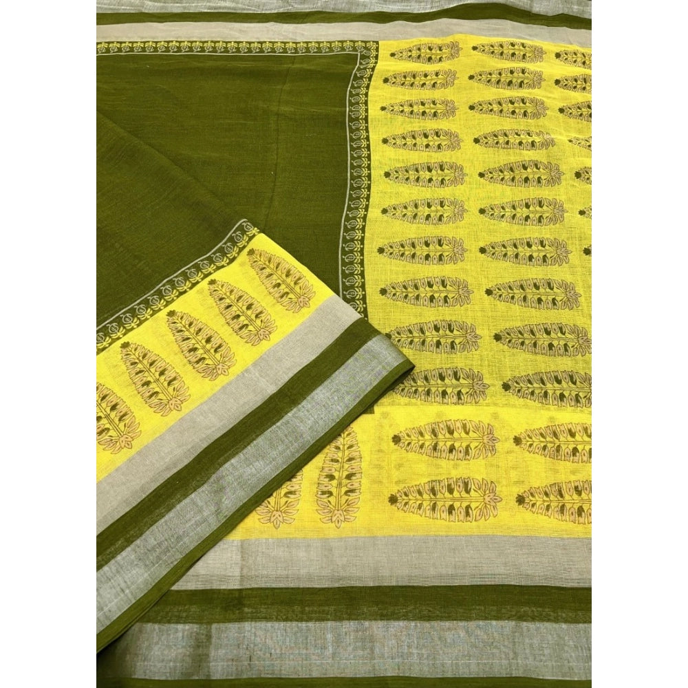 Women's Cotton Linen Printed Saree With Unstitched Blouse 5.5Mtr (Green)