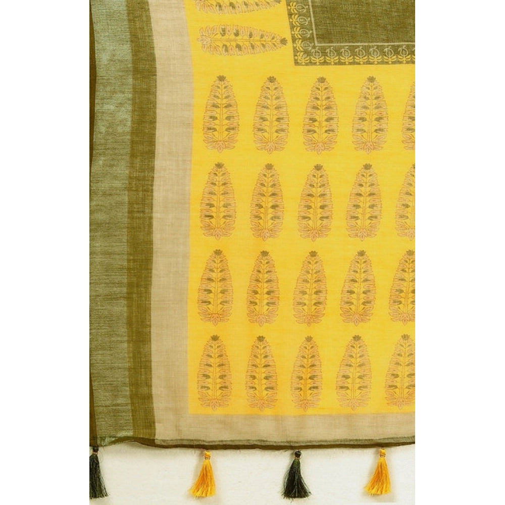 Women's Cotton Linen Printed Saree With Unstitched Blouse 5.5Mtr (Green)