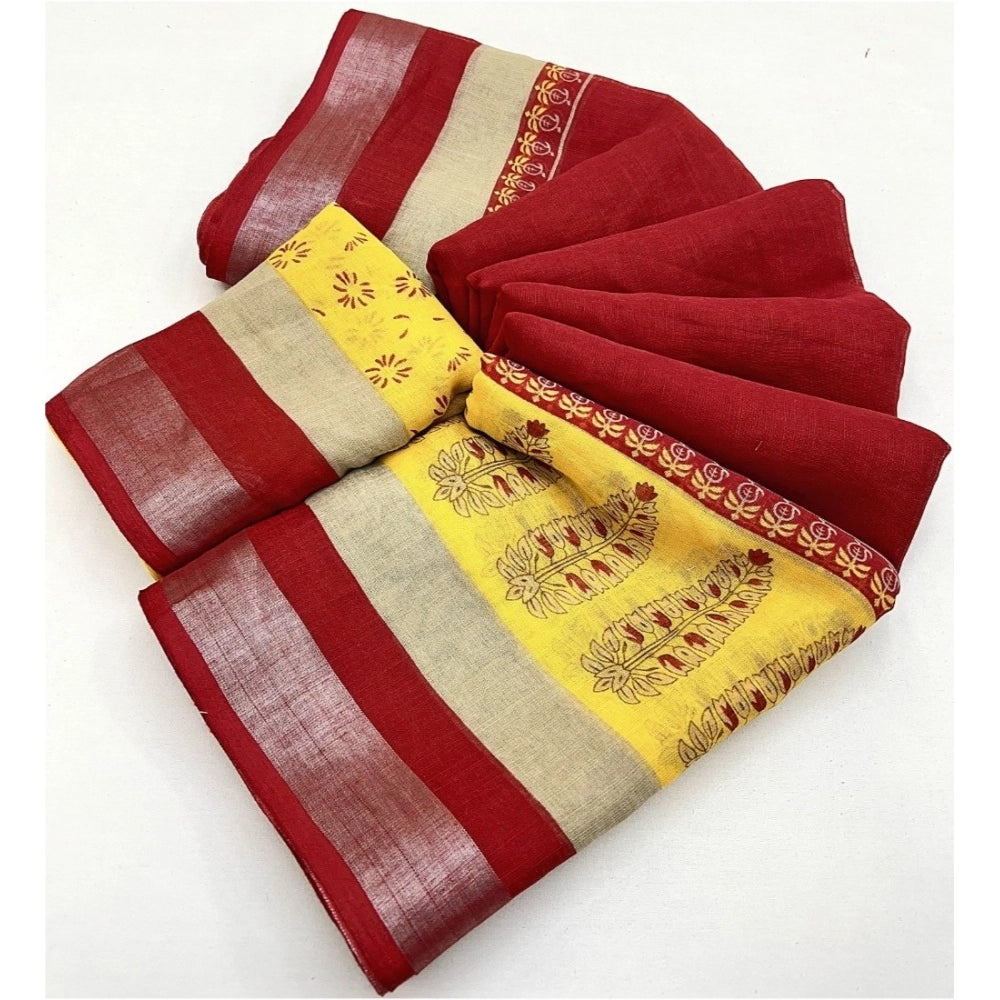 Women's Cotton Linen Printed Saree With Unstitched Blouse 5.5Mtr (Red)
