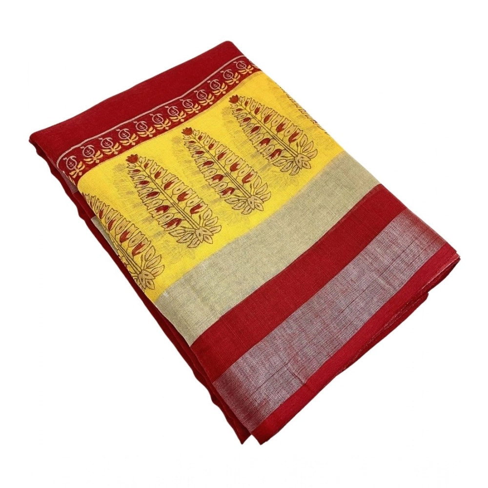Women's Cotton Linen Printed Saree With Unstitched Blouse 5.5Mtr (Red)