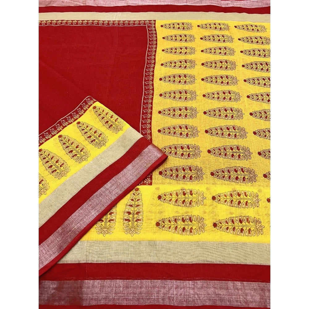 Women's Cotton Linen Printed Saree With Unstitched Blouse 5.5Mtr (Red)